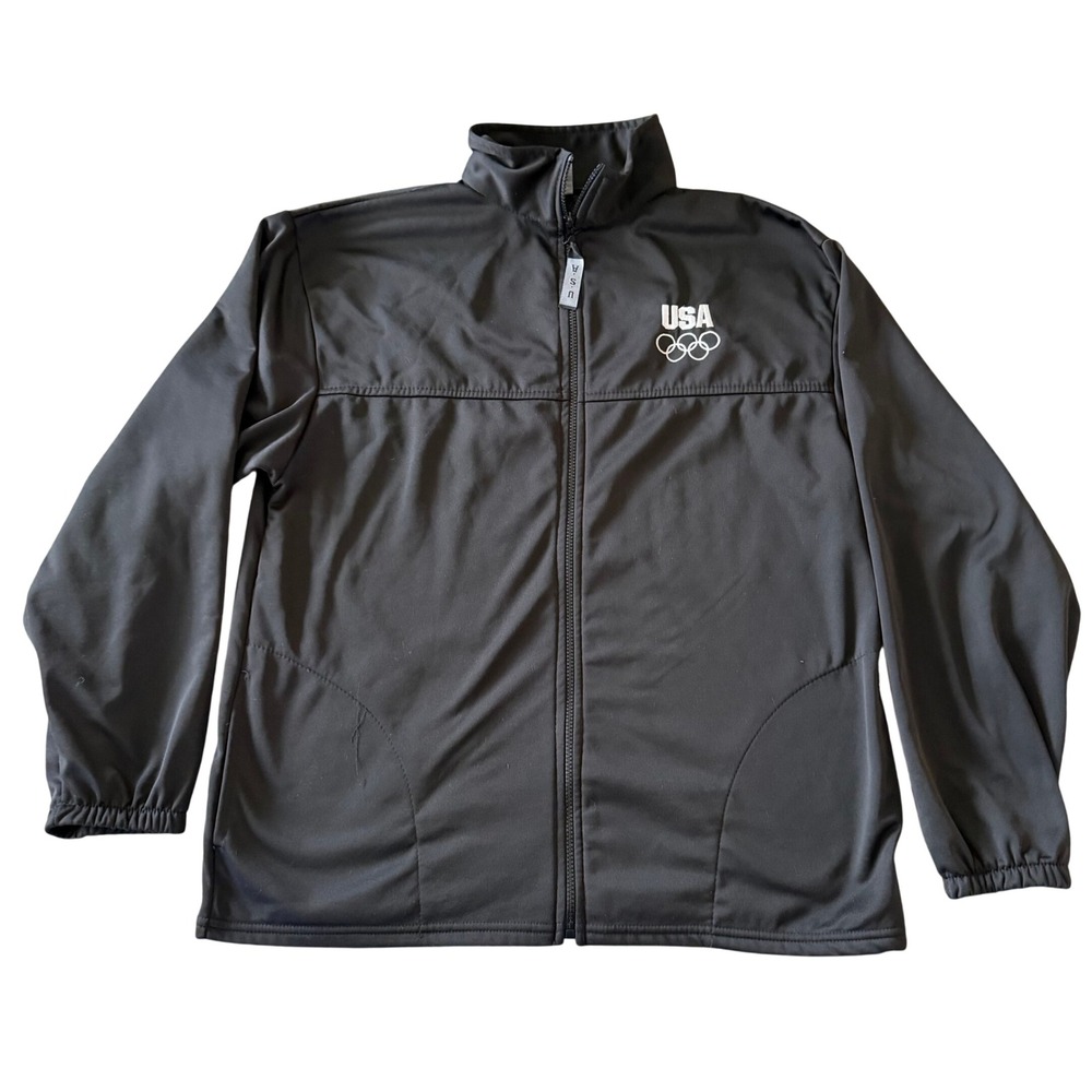 US Olympic Committee Track Jacket Mens XL Black USA Rings‎ Logo Fleece Zip Up